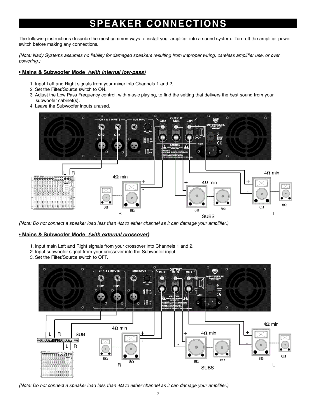 Nady Systems 3WA-1700 owner manual E a K E R C O N N E C T I O N S, Mains & Subwoofer Mode with internal low-pass 