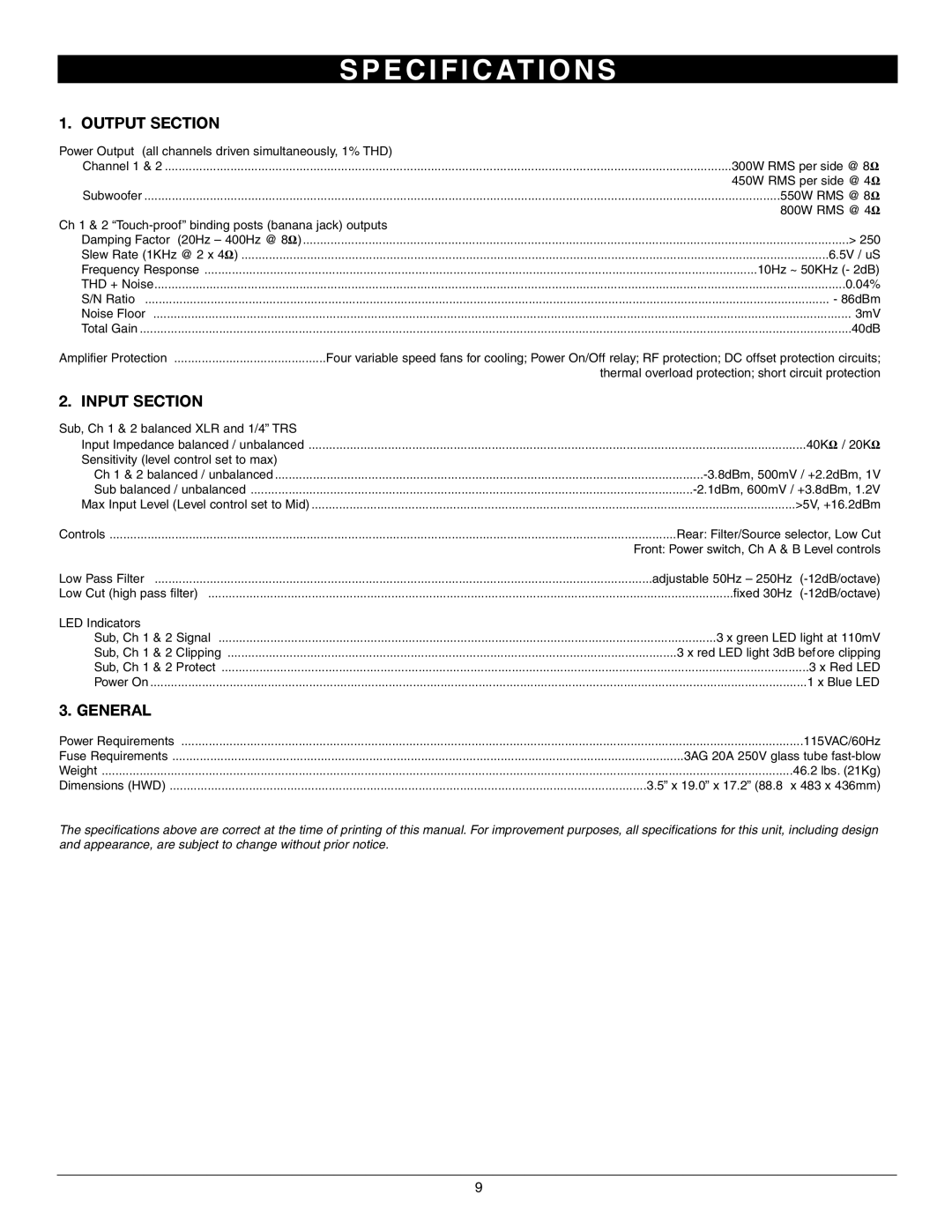 Nady Systems 3WA-1700 owner manual E C I F I C At I O N S, Output Section 