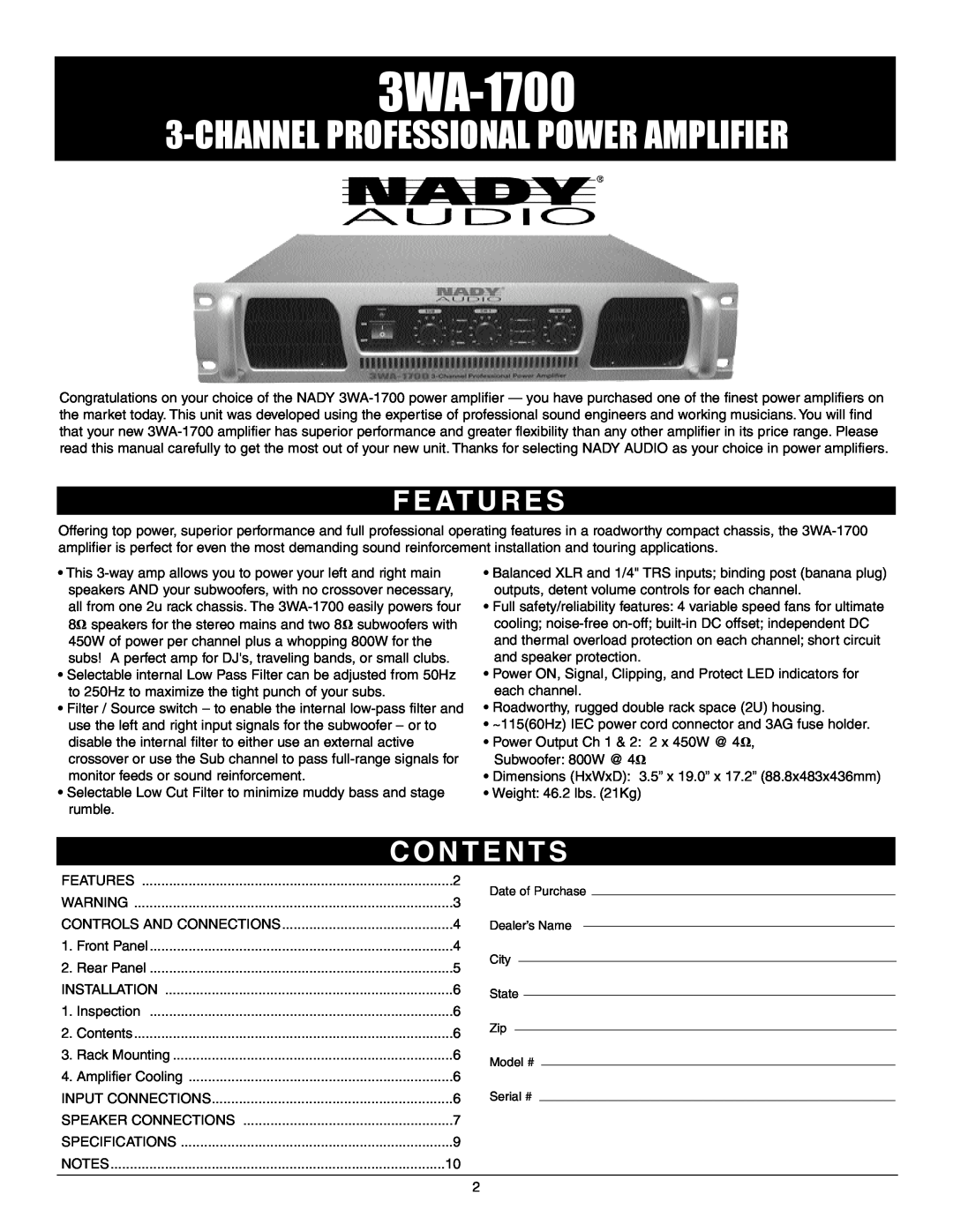 Nady Systems 3WA-1700 owner manual F E At U R E S, C O N T E N T S, Channelprofessional Power Amplifier 