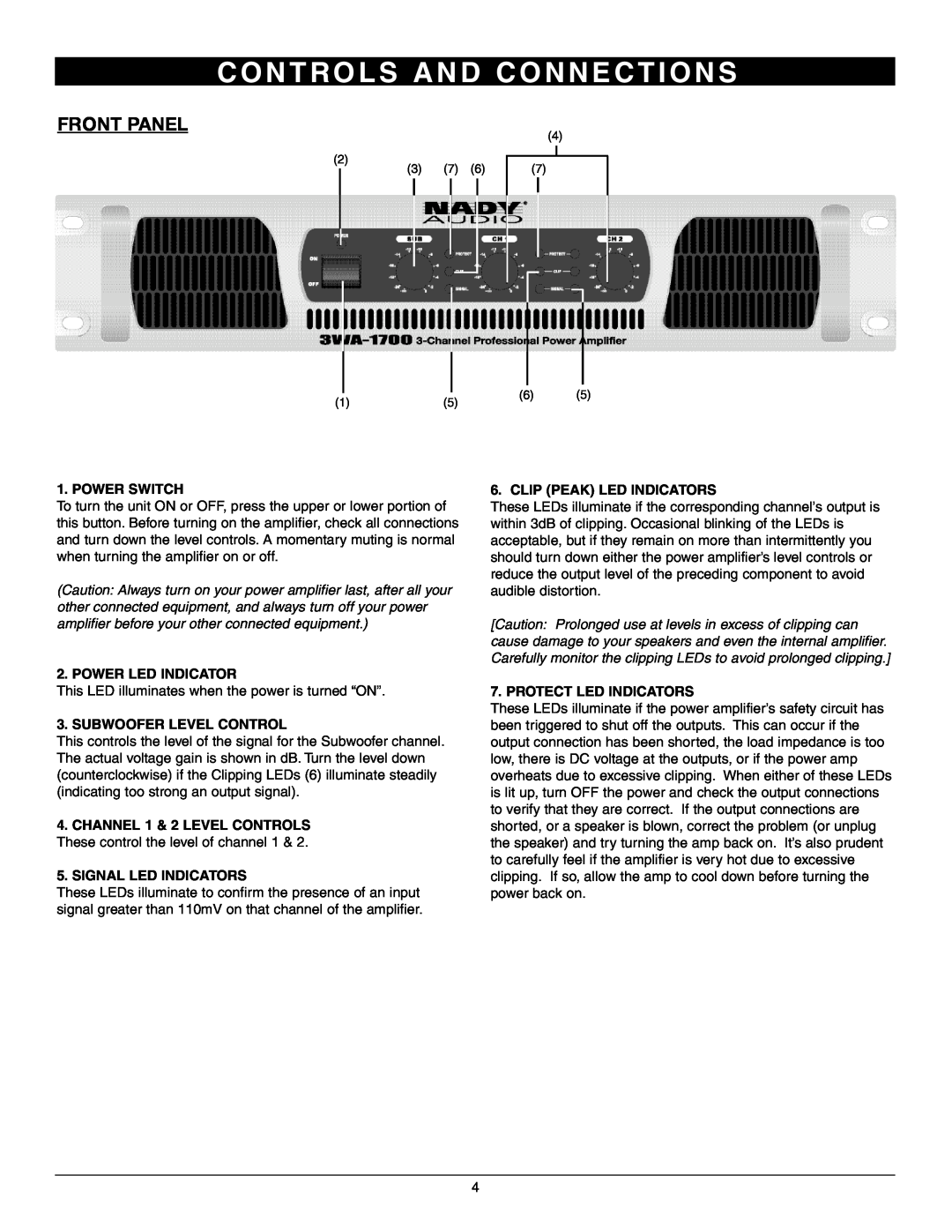 Nady Systems 3WA-1700 C O N T R O L S A N D C O N N E C T I O N S, Front Panel, Power Switch, Power Led Indicator 