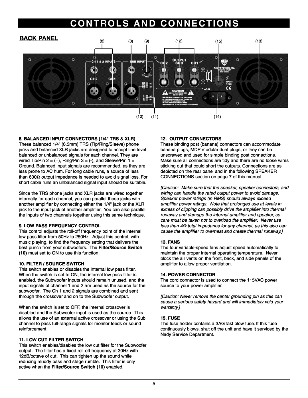 Nady Systems 3WA-1700 Back Panel, C O N T R O L S A N D C O N N E C T I O N S, Low Pass Frequency Control, Fans, Fuse 