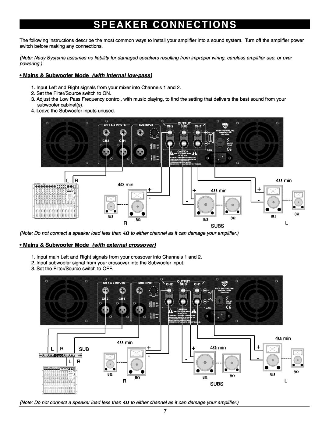 Nady Systems 3WA-1700 owner manual S P E A K E R C O N N E C T I O N S, Mains & Subwoofer Mode with internal low-pass 