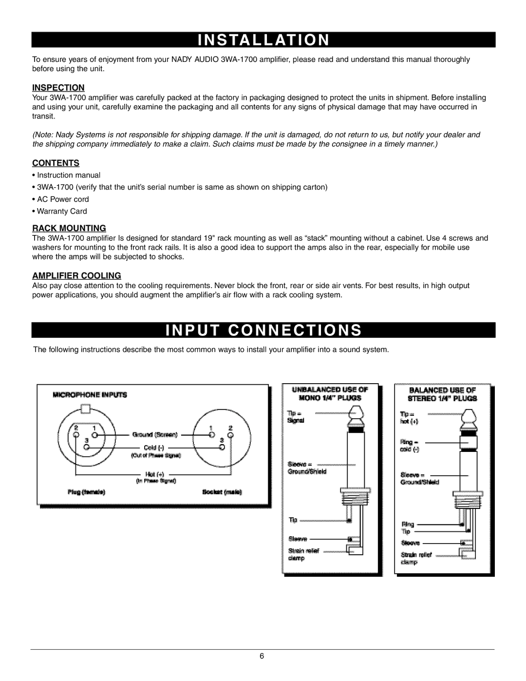 Nady Systems 3WA1700 owner manual S Ta L L At I O N, P U T C O N N E C T I O N S 