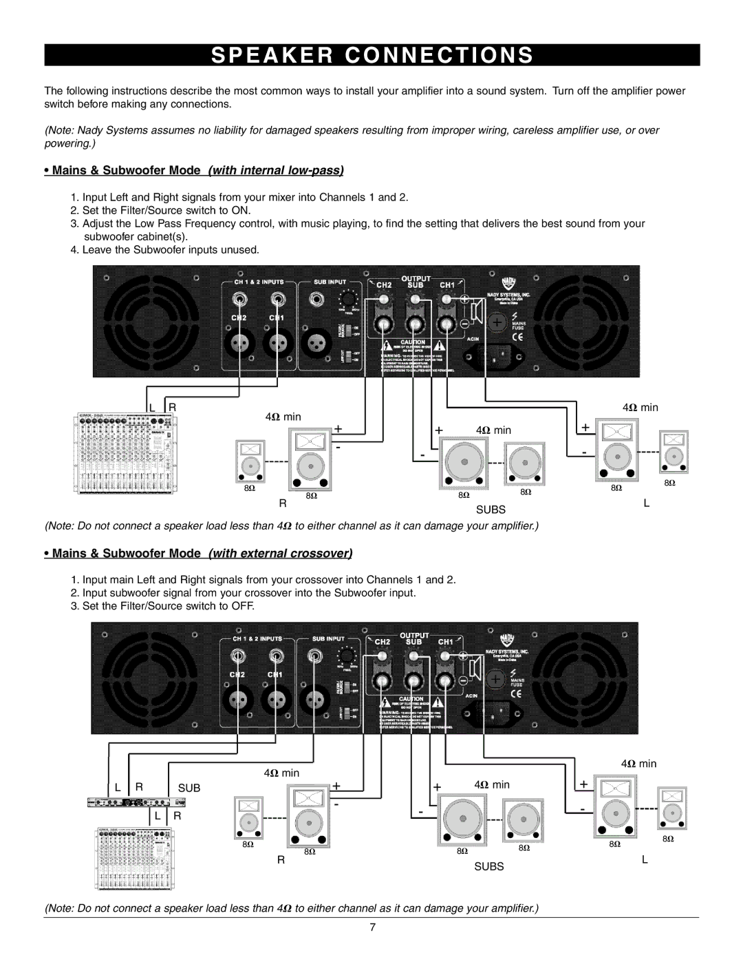 Nady Systems 3WA1700 owner manual E a K E R C O N N E C T I O N S, Mains & Subwoofer Mode with internal low-pass 