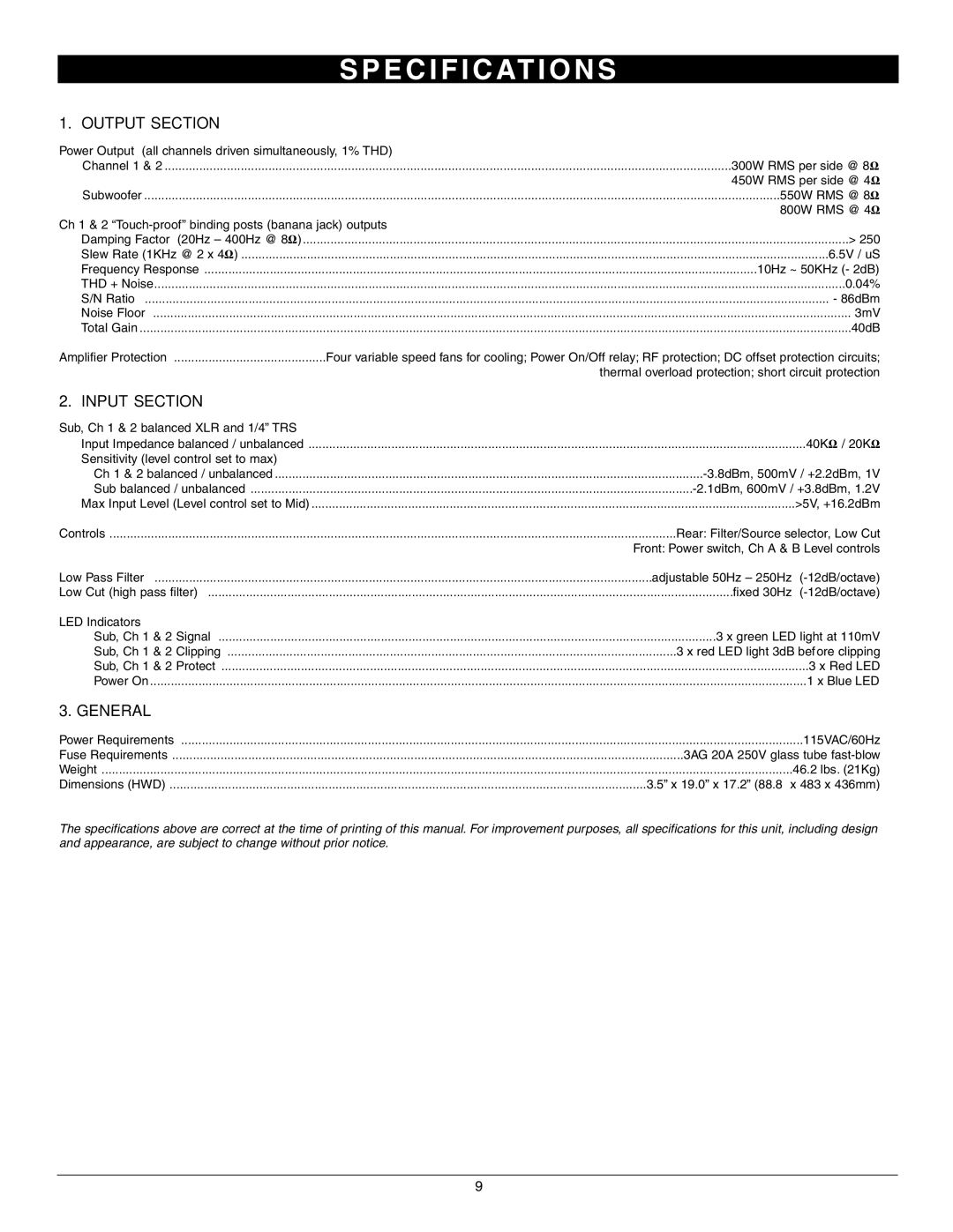 Nady Systems 3WA1700 owner manual E C I F I C At I O N S, Output Section 