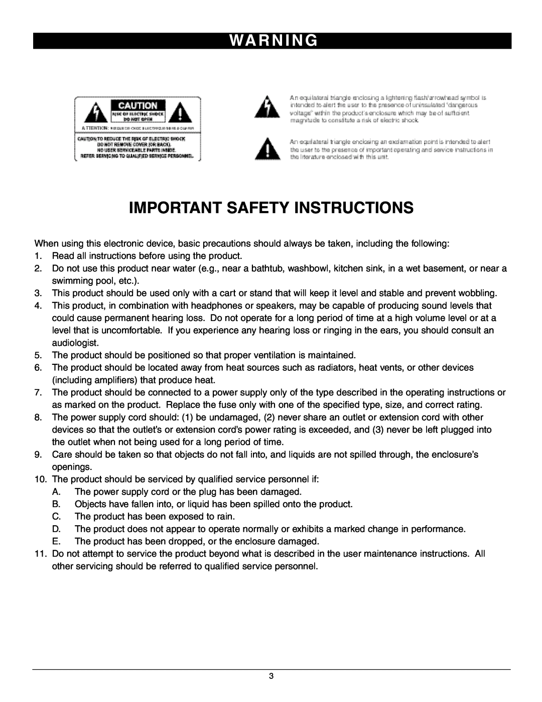 Nady Systems 3WA1700 owner manual Wa R N I N G, Important Safety Instructions 