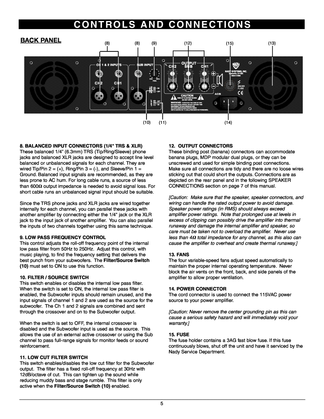Nady Systems 3WA1700 Back Panel, C O N T R O L S A N D C O N N E C T I O N S, Low Pass Frequency Control, Fans, Fuse 