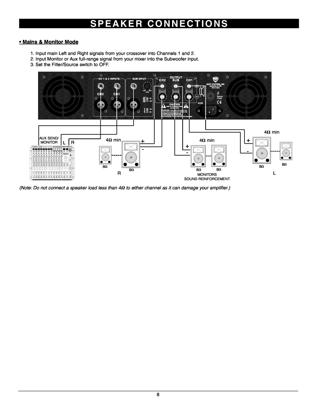 Nady Systems 3WA1700 owner manual S P E A K E R C O N N E C T I O N S, Mains & Monitor Mode 