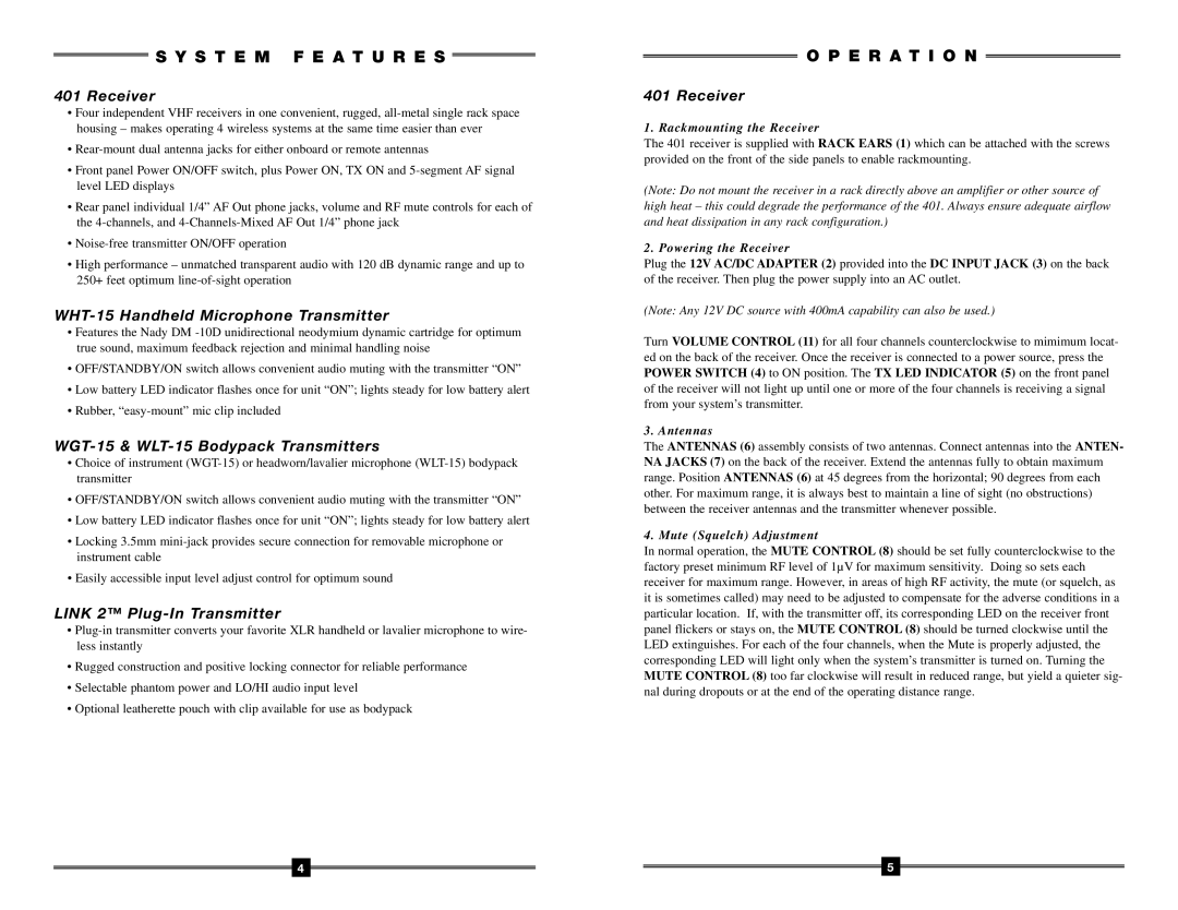 Nady Systems 401 E R a T I O N, Receiver, WHT-15 Handheld Microphone Transmitter, WGT-15 & WLT-15 Bodypack Transmitters 
