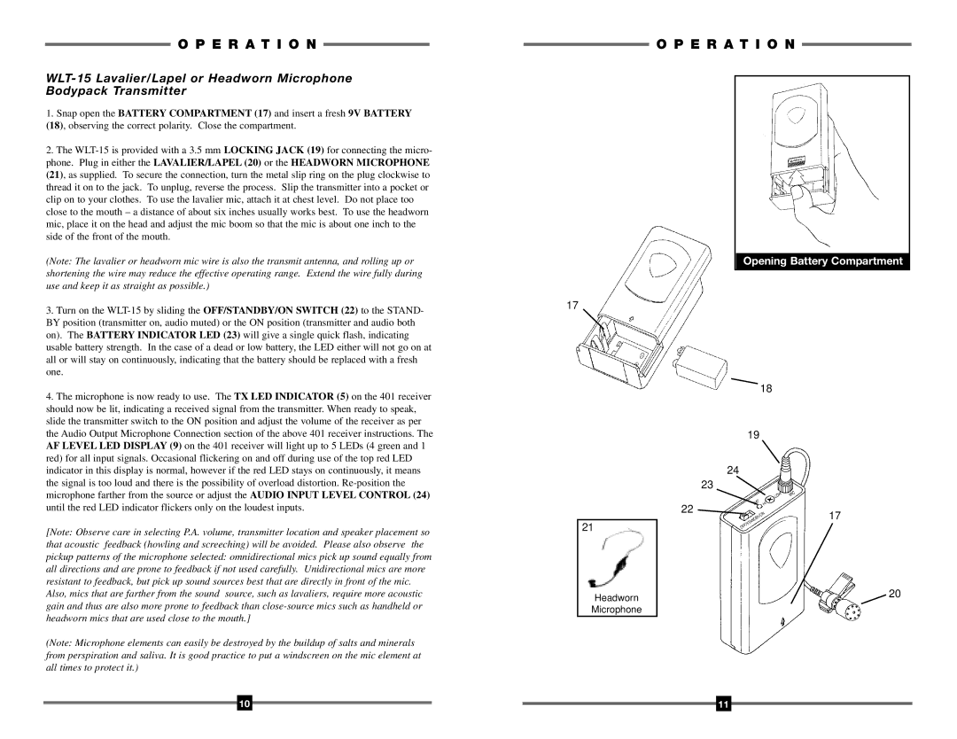 Nady Systems 401 manual Opening Battery Compartment 