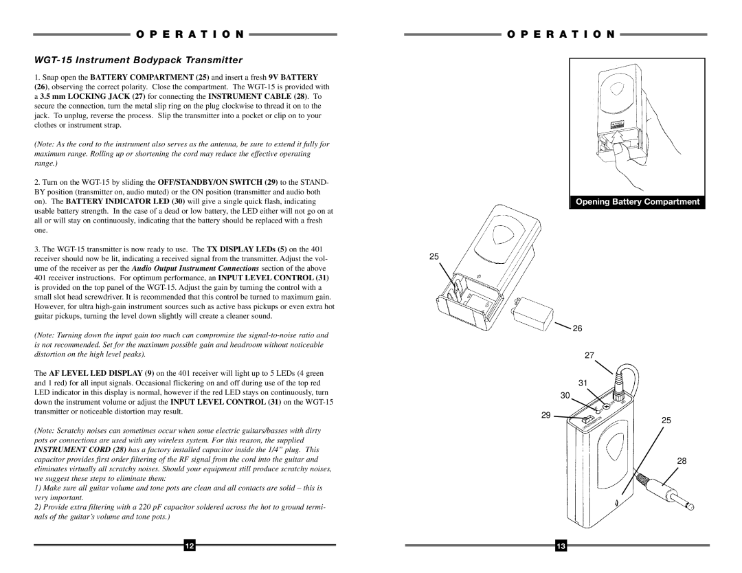 Nady Systems 401 manual WGT-15 Instrument Bodypack Transmitter 