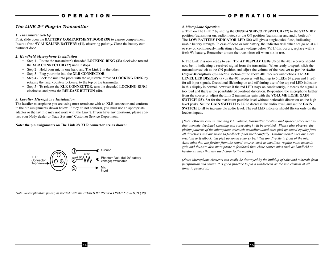 Nady Systems 401 manual Link 2TM Plug-In Transmitter, Transmitter Set-Up 