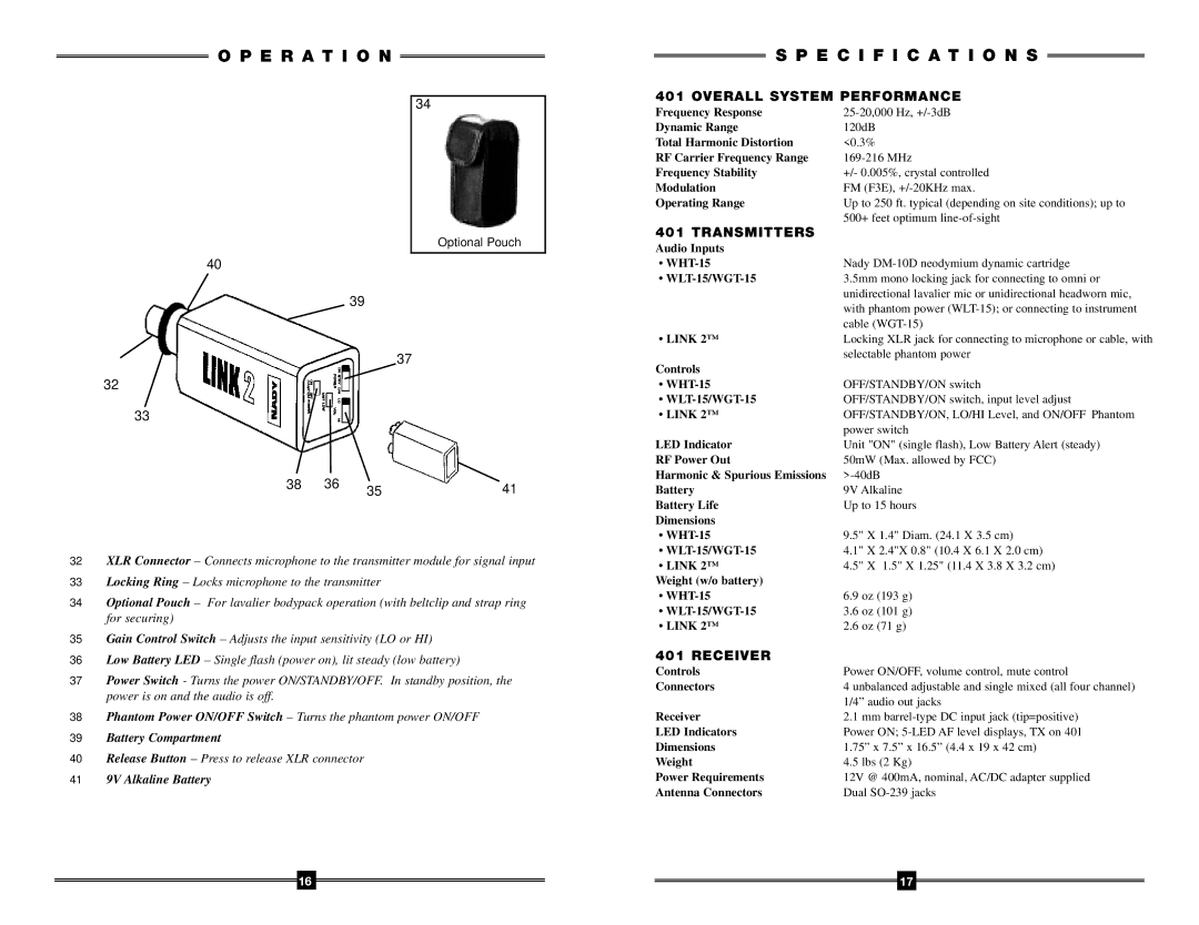 Nady Systems 401 manual Specification S, Optional Pouch 