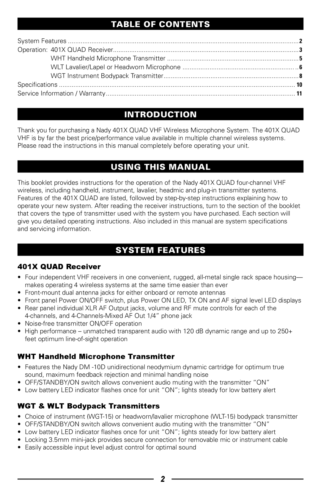 Nady Systems 401XQLTOSYSAB, 401XQ2HT2LTE4FHE, 401XQUADLTE4F owner manual Table of Contents, Introduction 