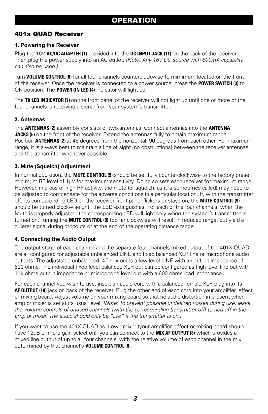 Nady Systems 401XQ2HT2LTE4FHE, 401XQUADLTE4F Operation, Powering the Receiver, Antennas, Mute Squelch Adjustment 