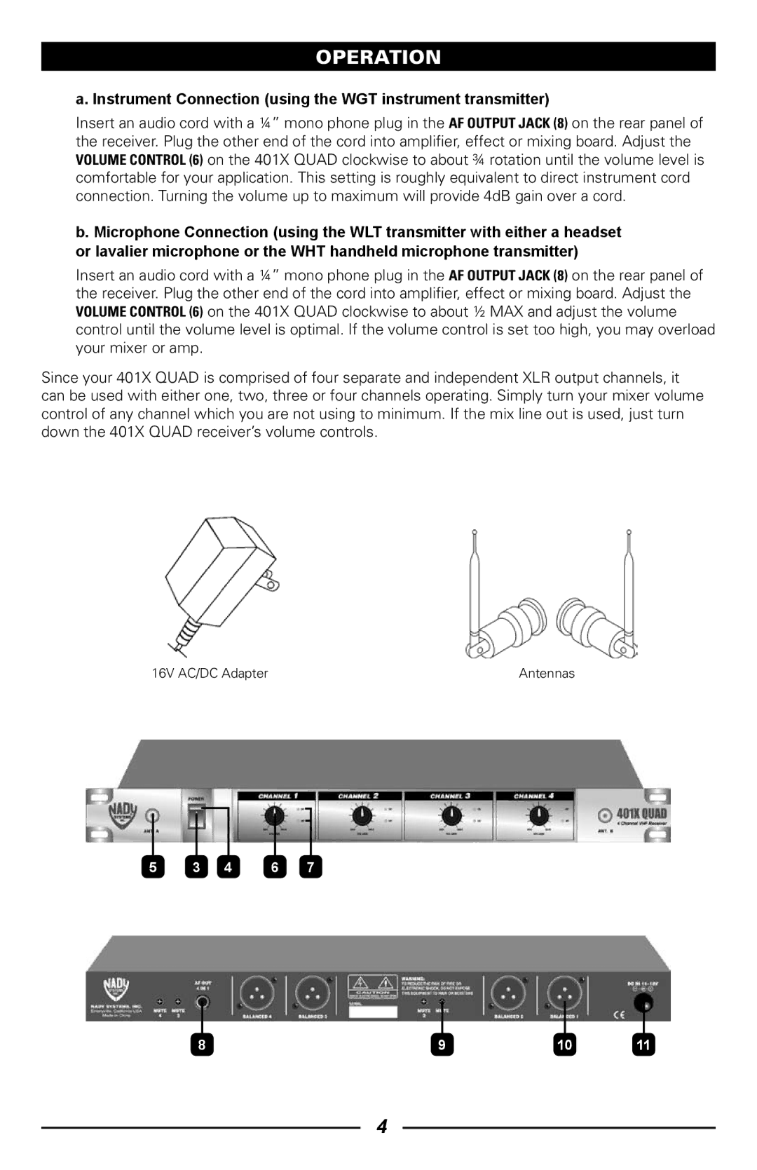 Nady Systems 401XQUADLTE4F, 401XQ2HT2LTE4FHE, 401XQLTOSYSAB Instrument Connection using the WGT instrument transmitter 