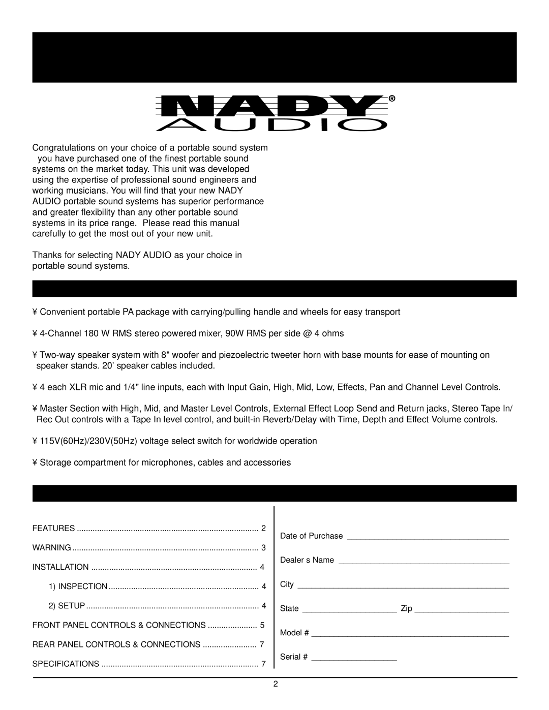 Nady Systems 4180 owner manual Features, Table of Contents 