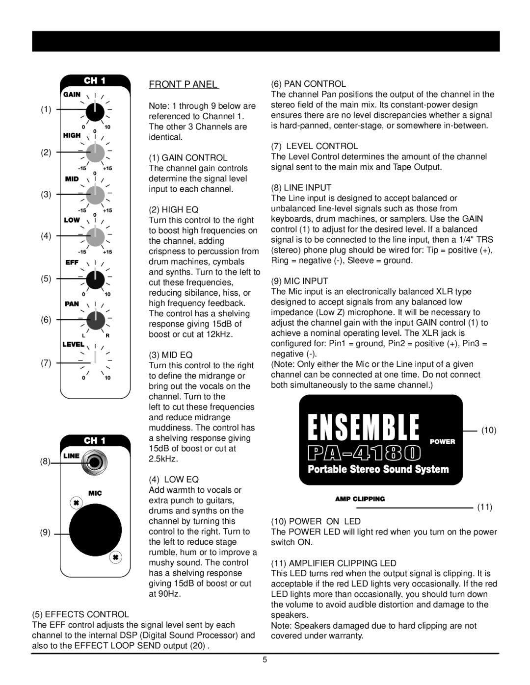 Nady Systems 4180 owner manual Front Panel Controls & Connections 