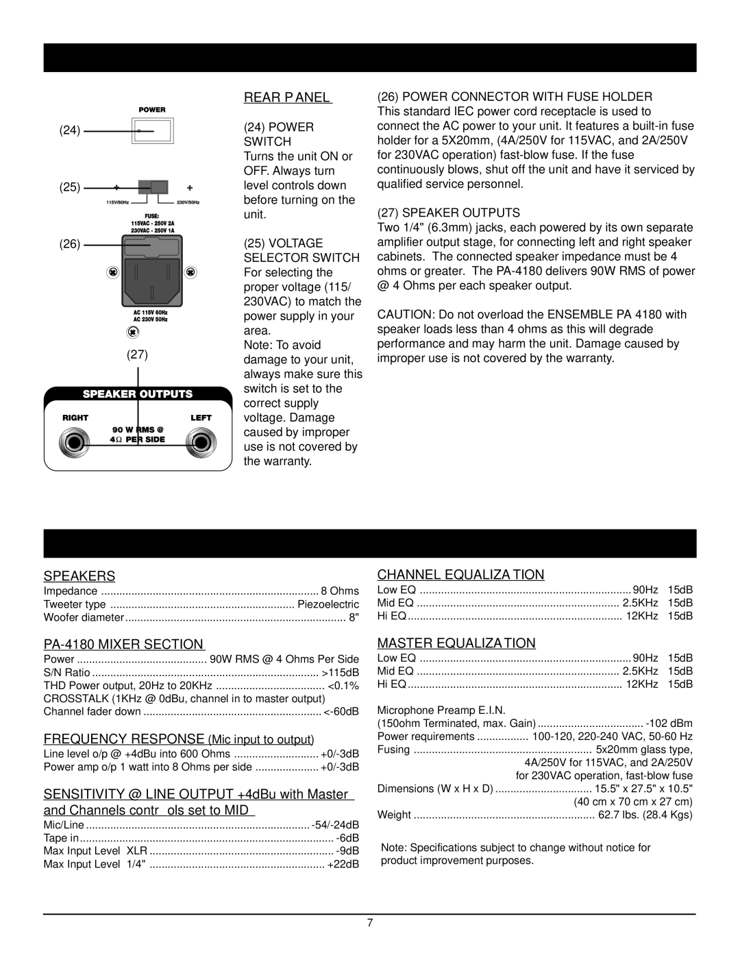 Nady Systems 4180 owner manual Rear Panel Controls & Connections, Specifications 