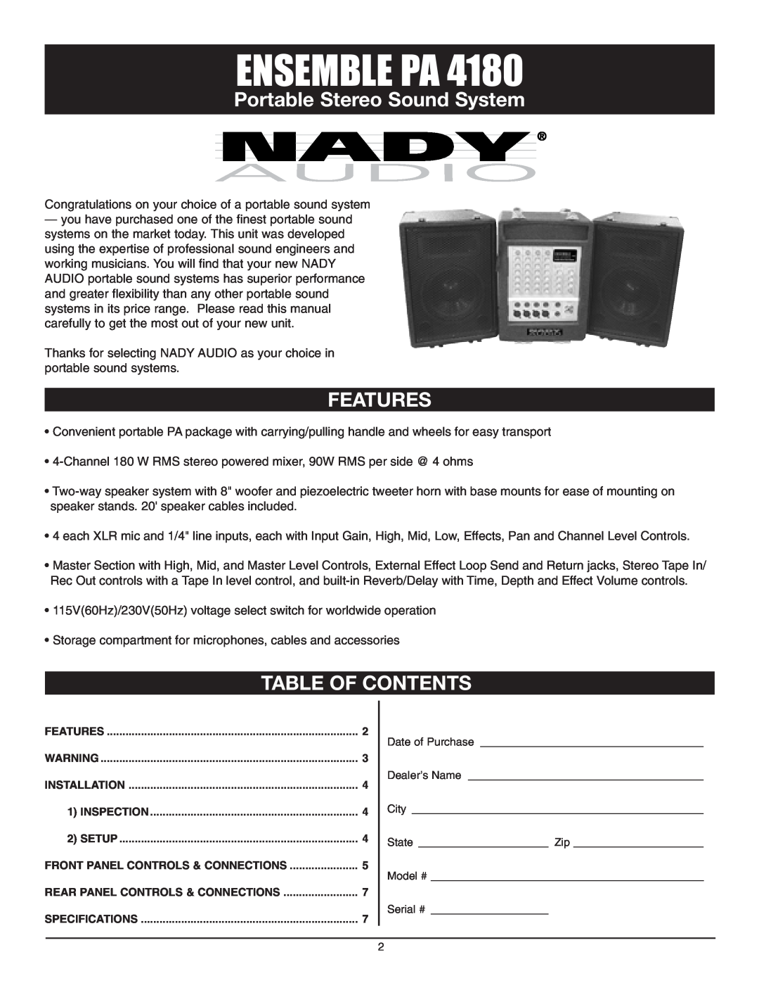 Nady Systems 4180 owner manual Portable Stereo Sound System, Features, Table Of Contents, Ensemble Pa 