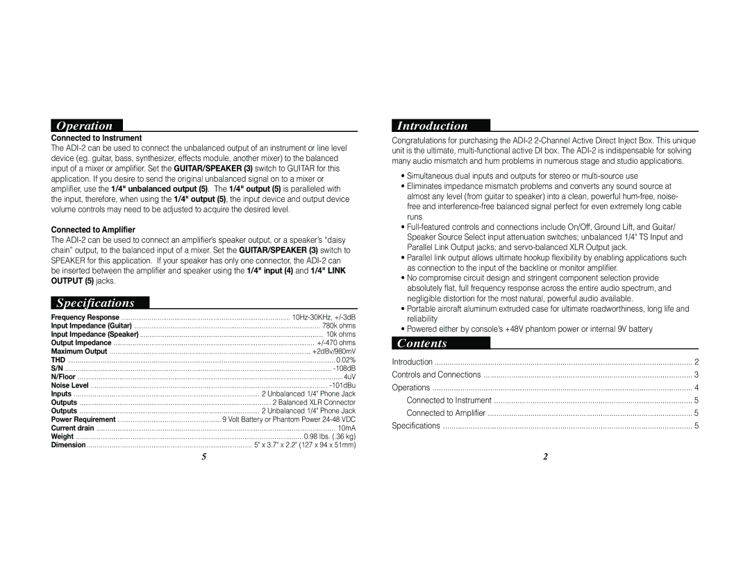 Nady Systems ADI-2 owner manual Operation, Specifications, Introduction, Contents 