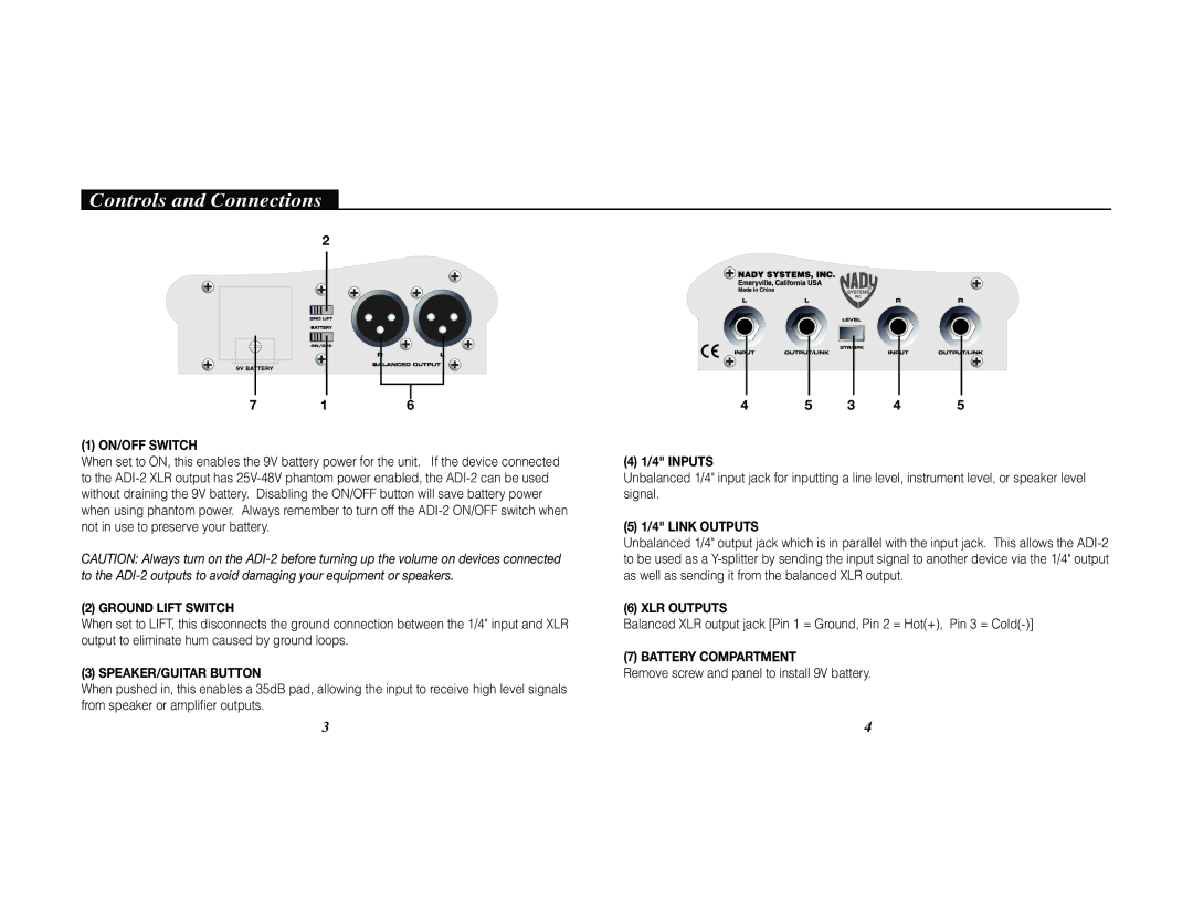 Nady Systems ADI-2 owner manual Controls and Connections, ON/OFF Switch 