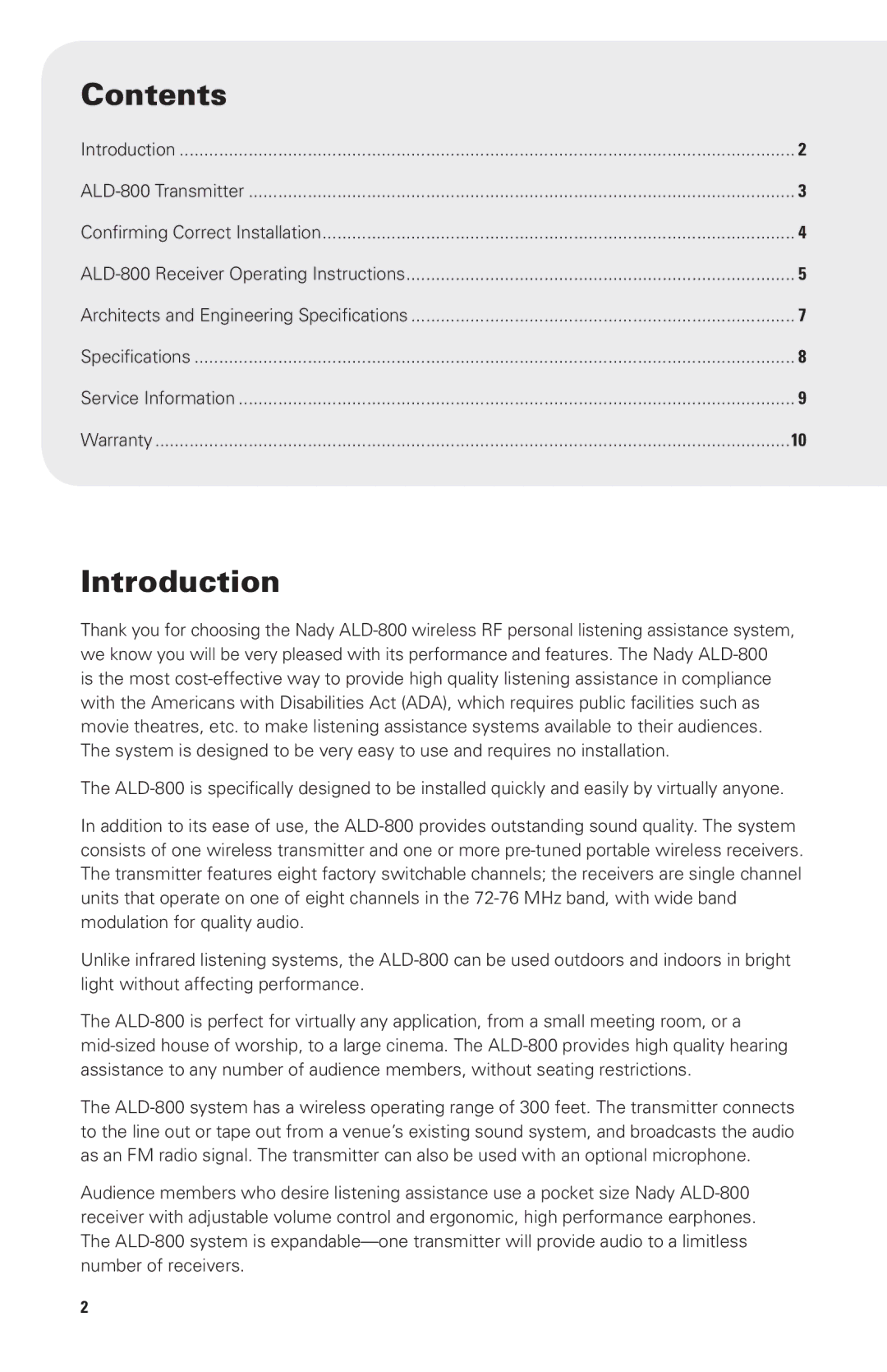 Nady Systems ALD-800 owner manual Contents, Introduction 