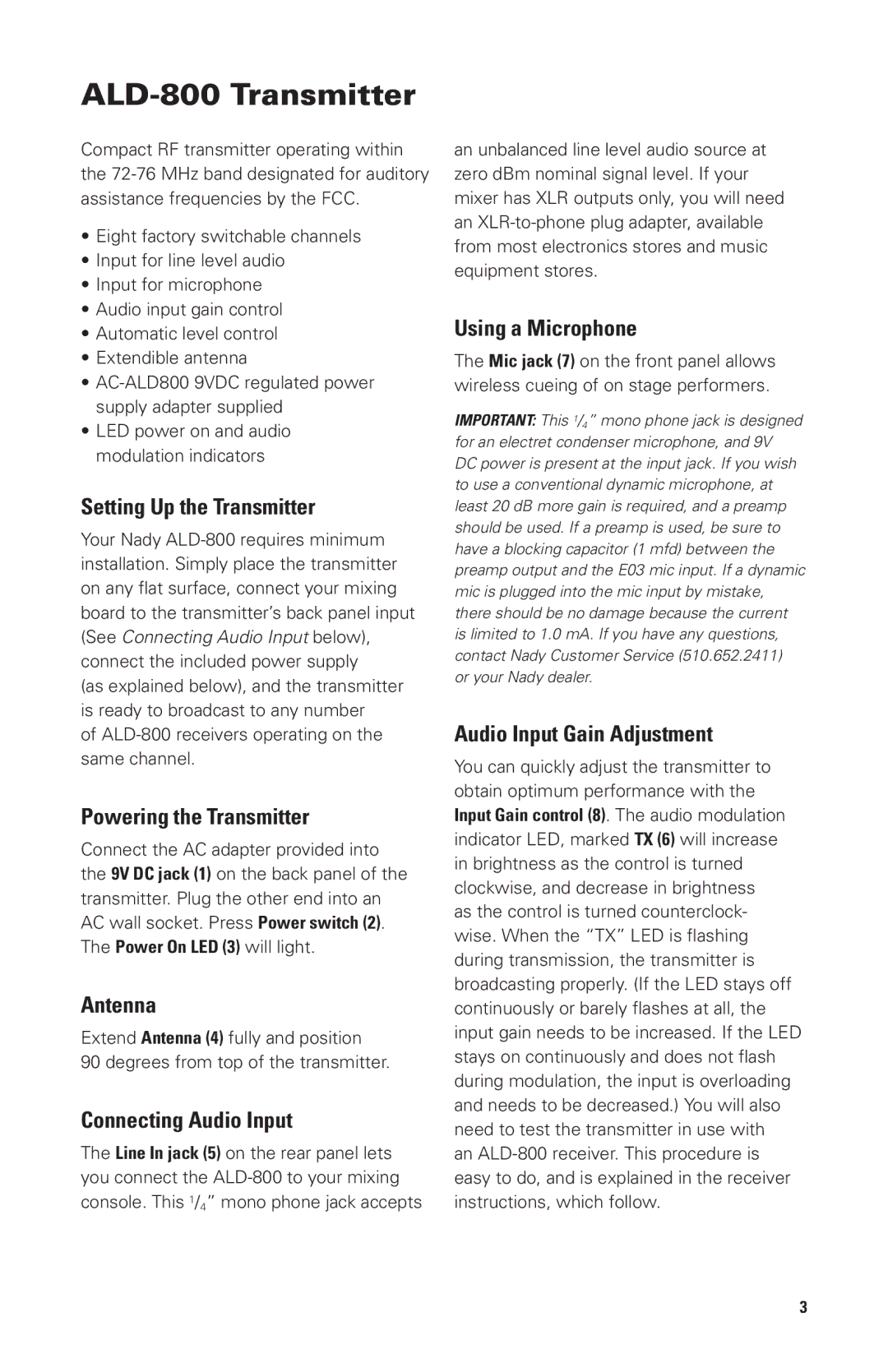 Nady Systems owner manual ALD-800 Transmitter 