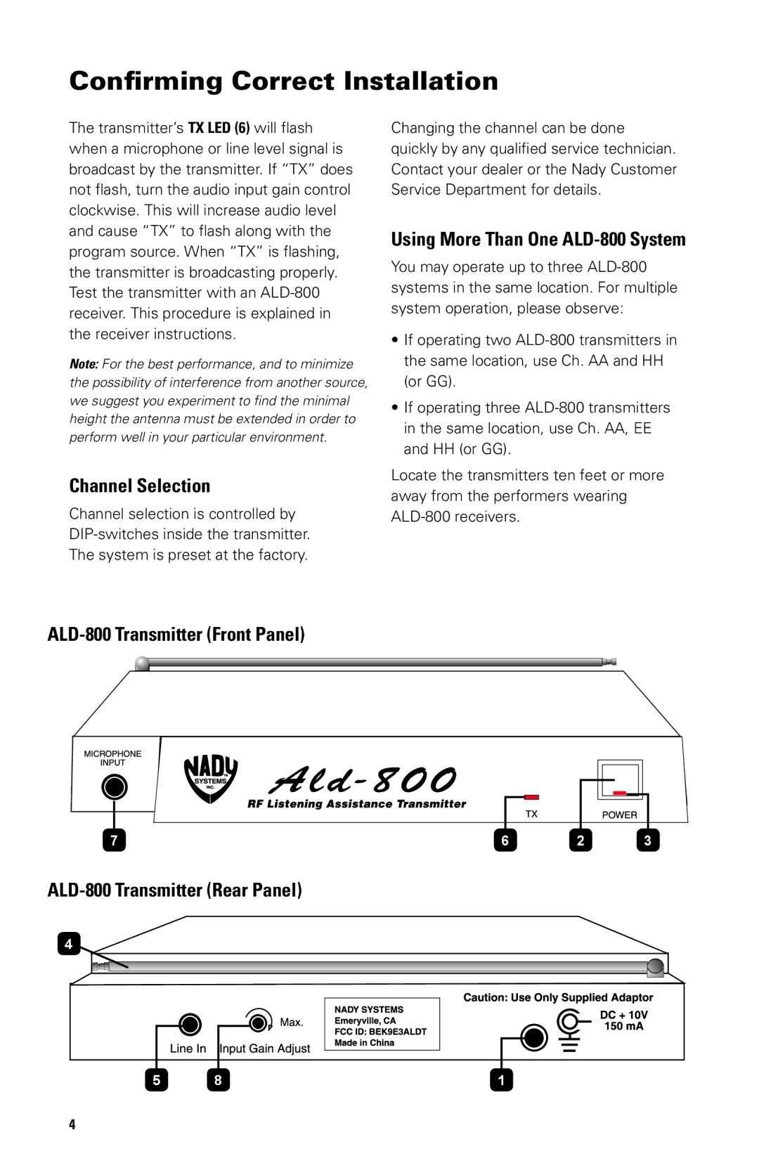 Nady Systems owner manual Confirming Correct Installation, Channel Selection, Using More Than One ALD-800 System 