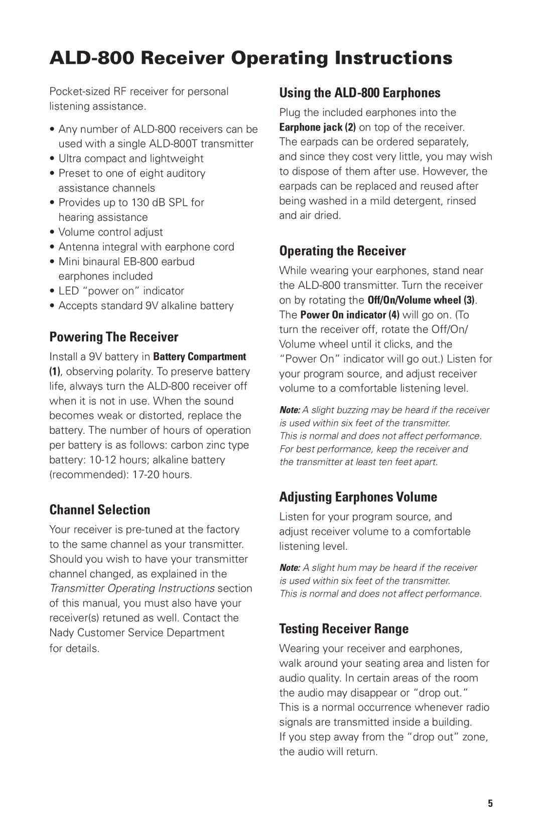 Nady Systems owner manual ALD-800 Receiver Operating Instructions 