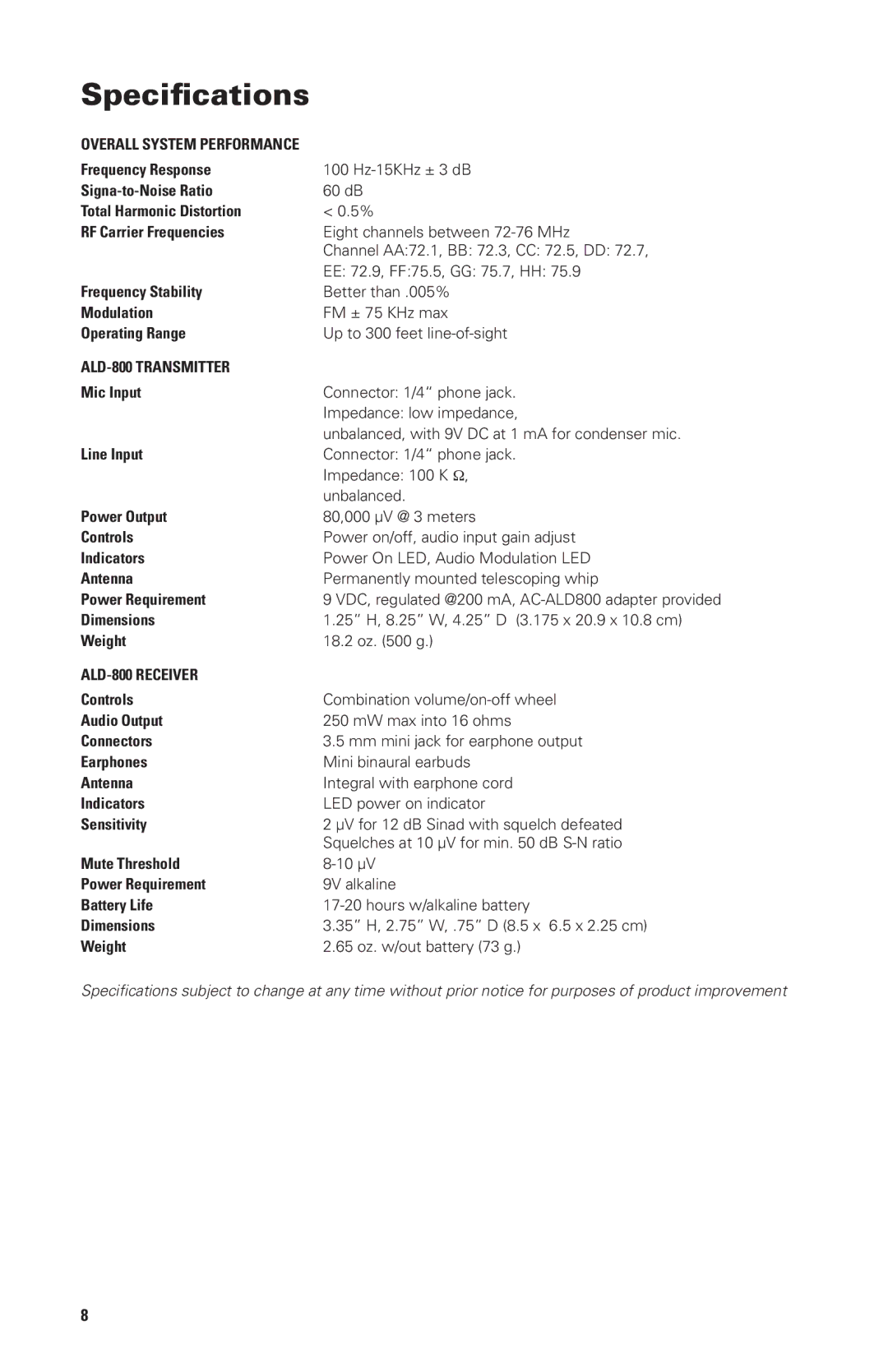 Nady Systems ALD-800 owner manual Specifications, Total Harmonic Distortion RF Carrier Frequencies 