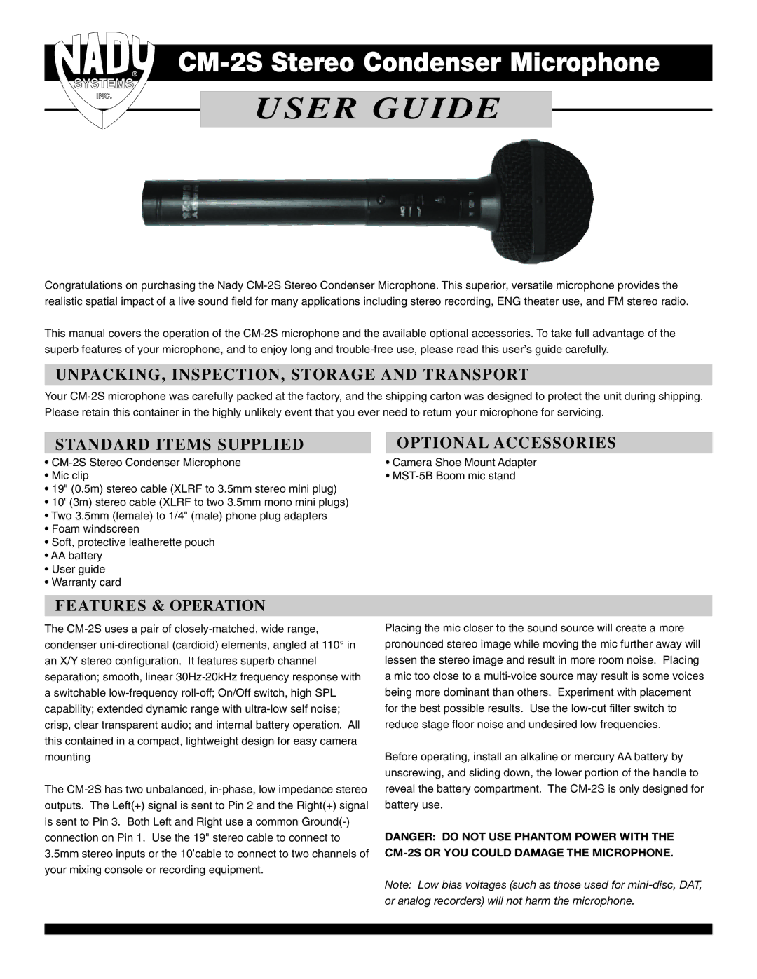 Nady Systems CM-2S warranty UNPACKING, INSPECTION, Storage and Transport, Standard Items Supplied, Optional Accessories 