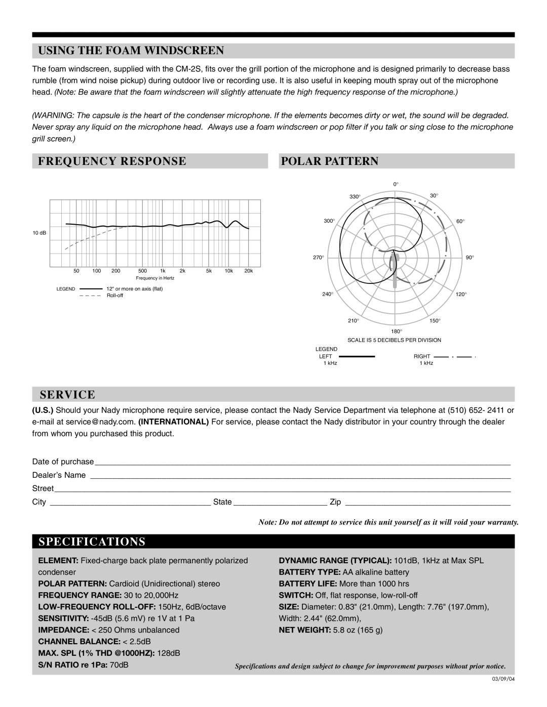 Nady Systems CM-2S warranty Using the Foam Windscreen, Frequency Response, Polar Pattern, Service 