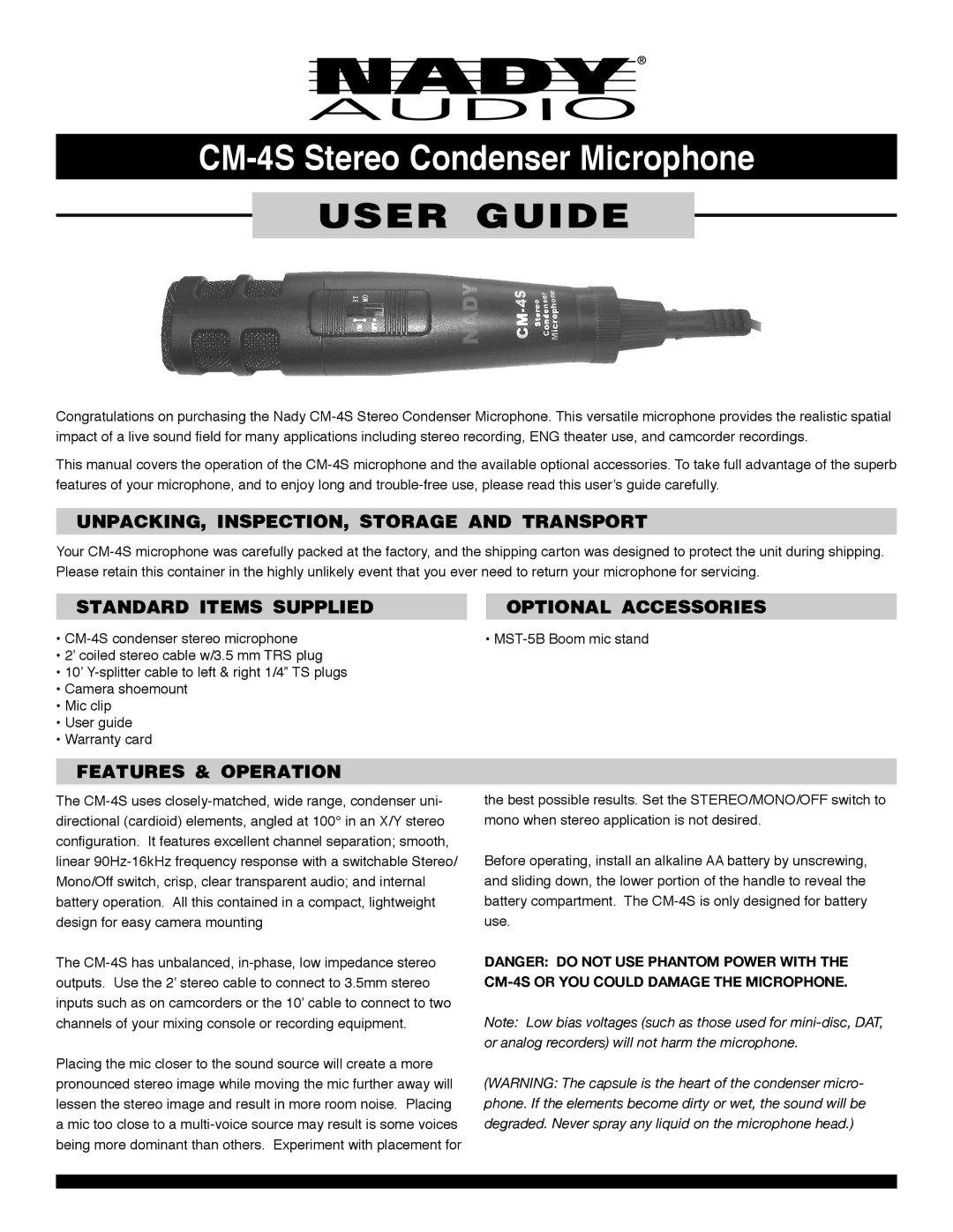 Nady Systems CM-4S warranty User Guide, UNPACKING, INSPECTION, Storage and Transport, Features & Operation 