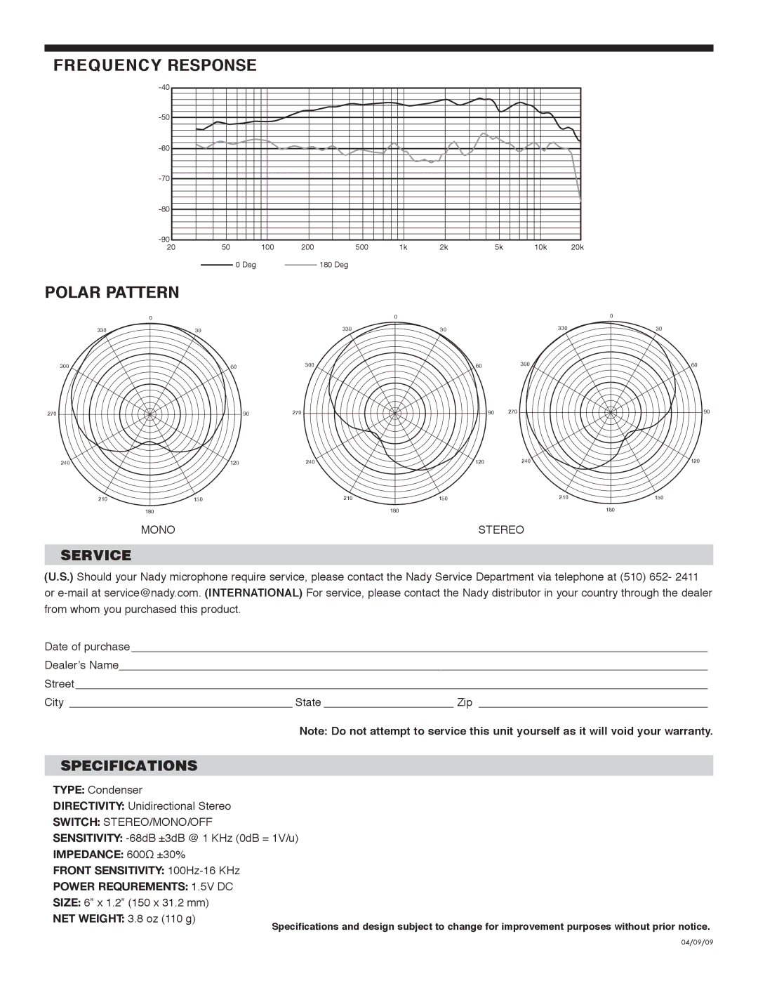 Nady Systems CM-4S warranty Frequency Response, Polar Pattern, Service, Specifications 