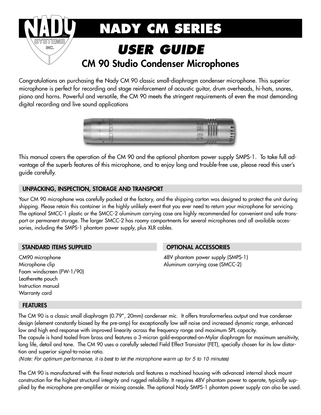 Nady Systems CM90 instruction manual User Guide, CM 90 Studio Condenser Microphones, Features 