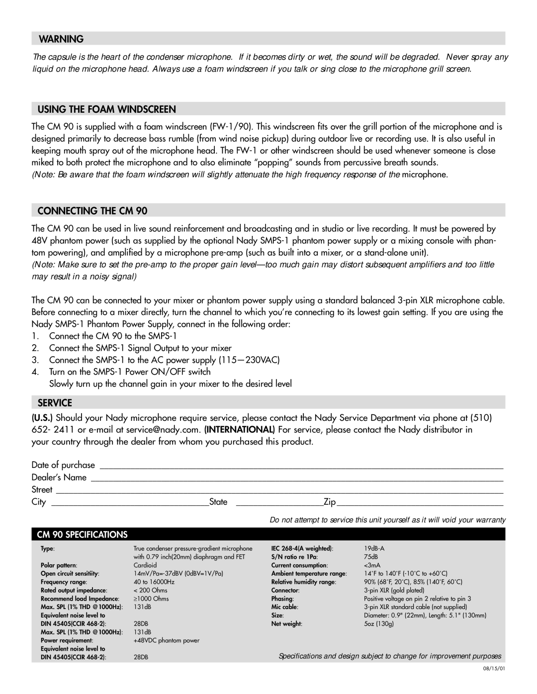 Nady Systems CM90 instruction manual Using the Foam Windscreen, Connecting the CM, Service, CM 90 Specifications 