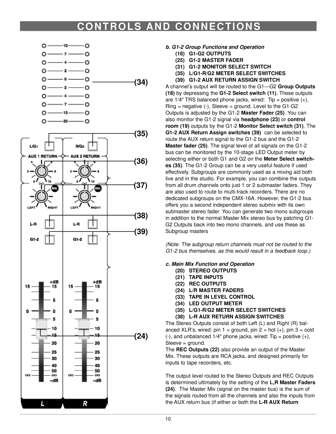 Nady Systems CMX-16A owner manual G1-2 Group Functions and Operation 18 G1-G2 Outputs, Main Mix Function and Operation 