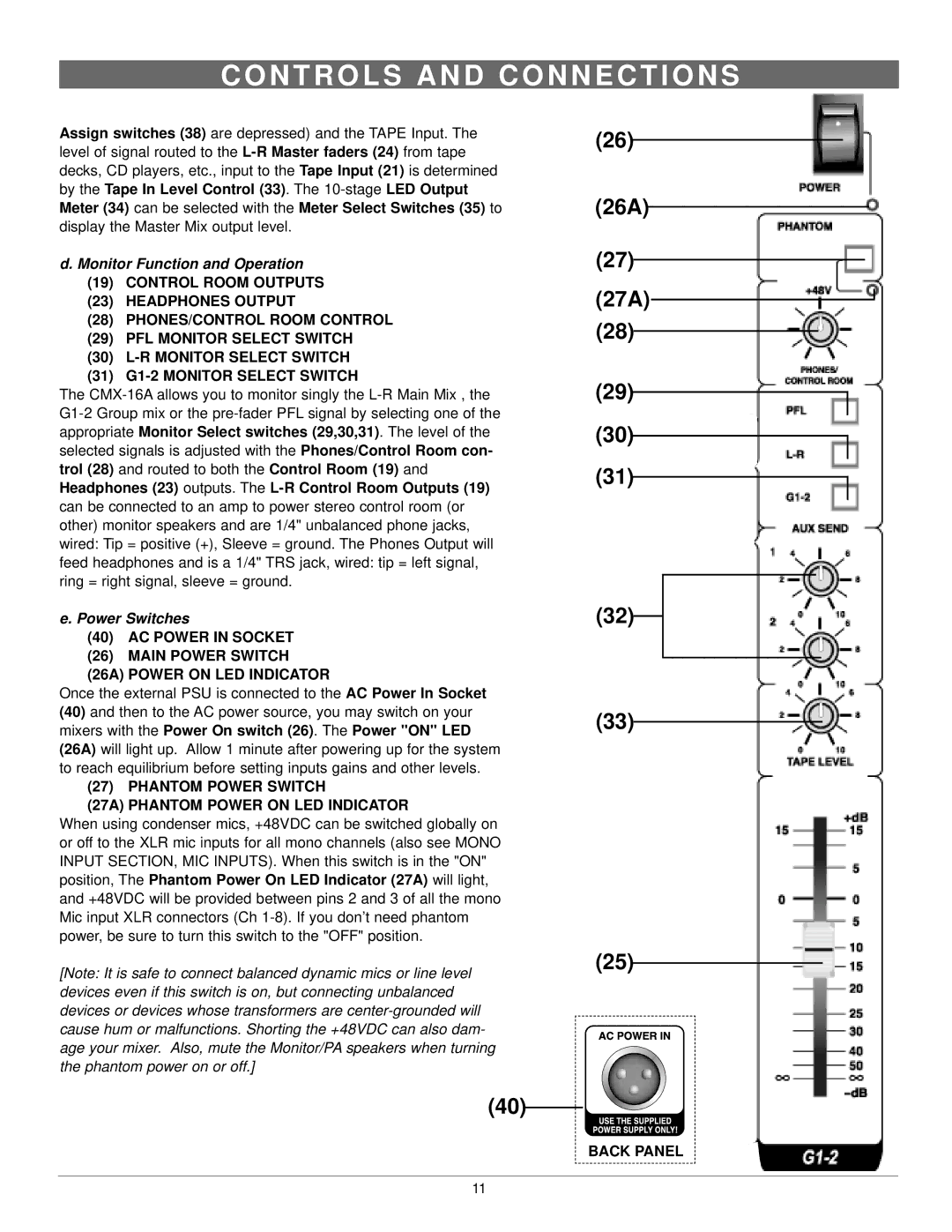 Nady Systems CMX-16A owner manual Monitor Function and Operation, Power Switches, Back Panel 