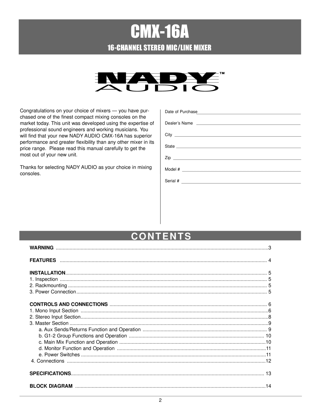 Nady Systems CMX-16A owner manual N T E N T S 