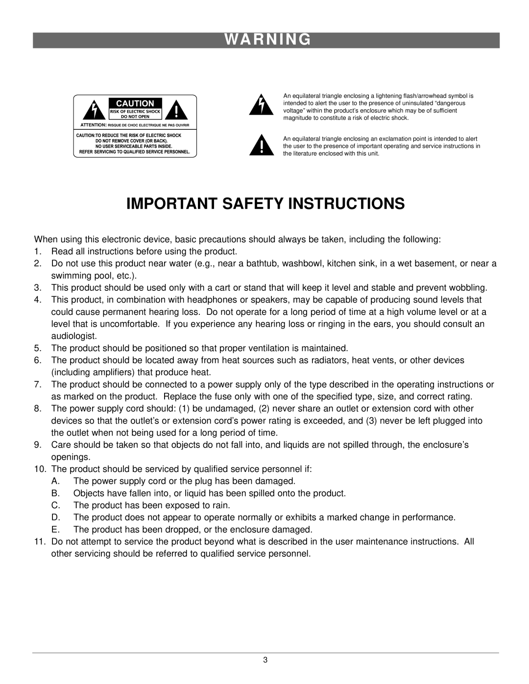 Nady Systems CMX-16A owner manual Wa R N I N G, Important Safety Instructions 