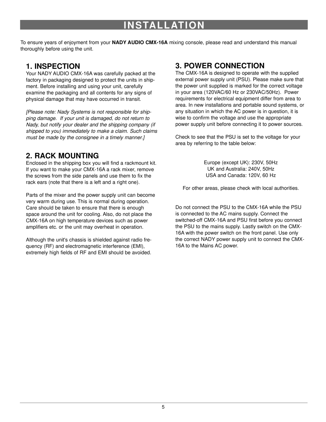 Nady Systems CMX-16A owner manual S Ta L L At I O N, Inspection, Power Connection, Rack Mounting 