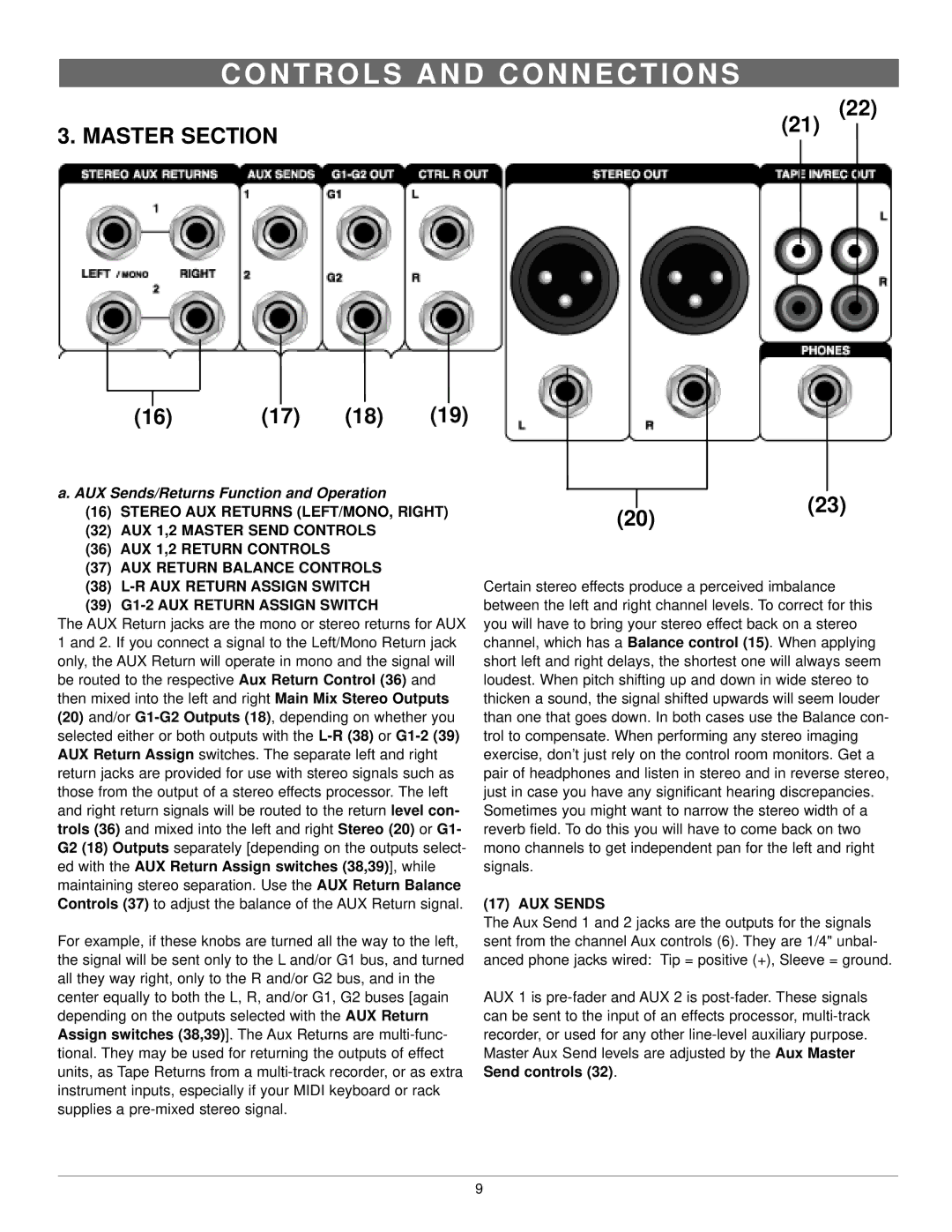 Nady Systems CMX-16A owner manual Master Section, AUX Sends/Returns Function and Operation 