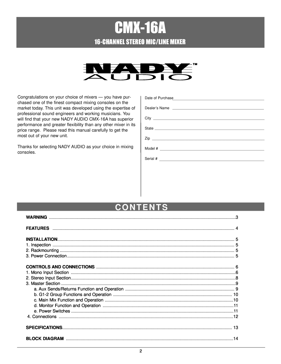 Nady Systems CMX-16A owner manual C O N T E N T S, Channel Stereo Mic/Line Mixer 