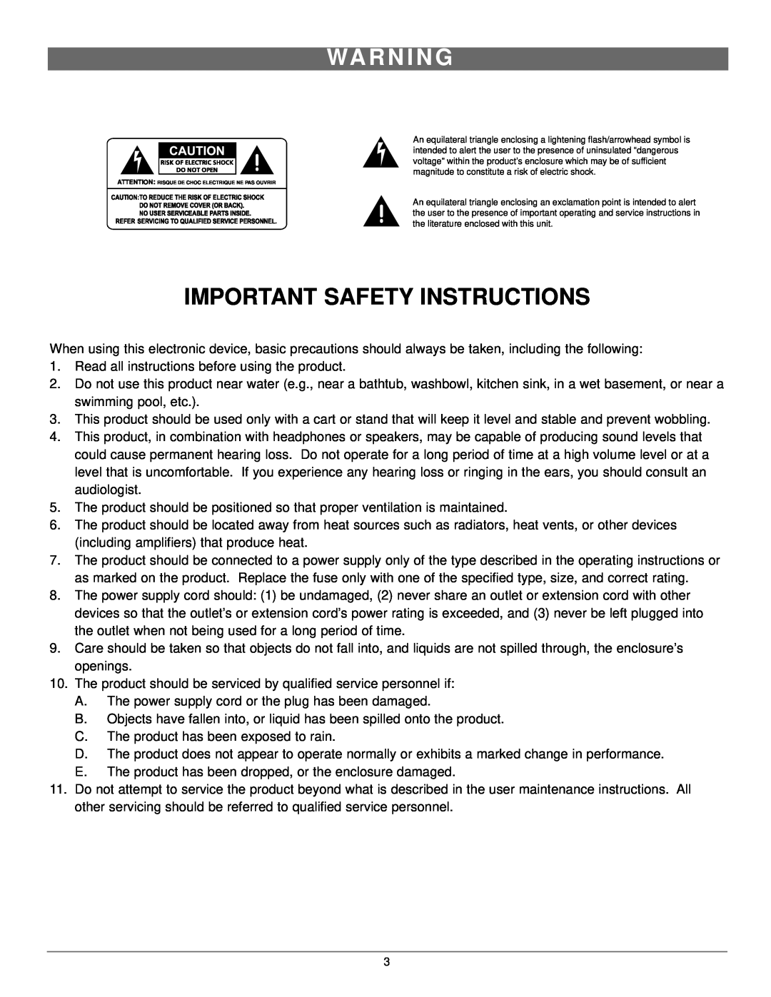 Nady Systems CMX-16A owner manual Wa R N I N G, Important Safety Instructions 