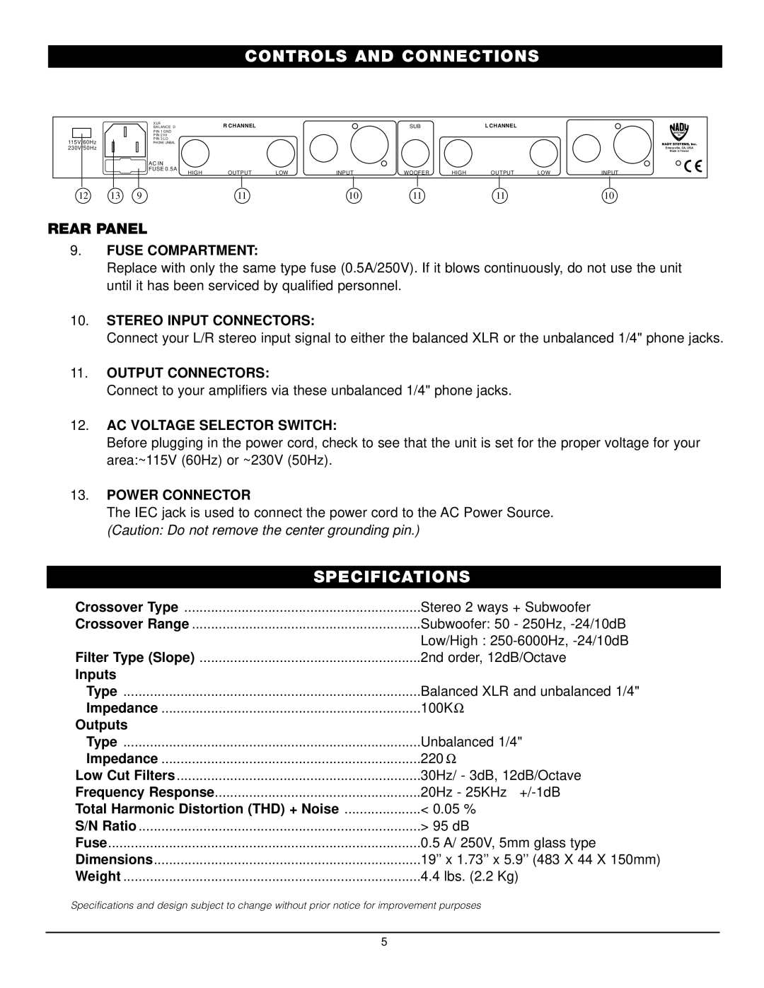 Nady Systems CX-222SW owner manual Specifications, Rear Panel 