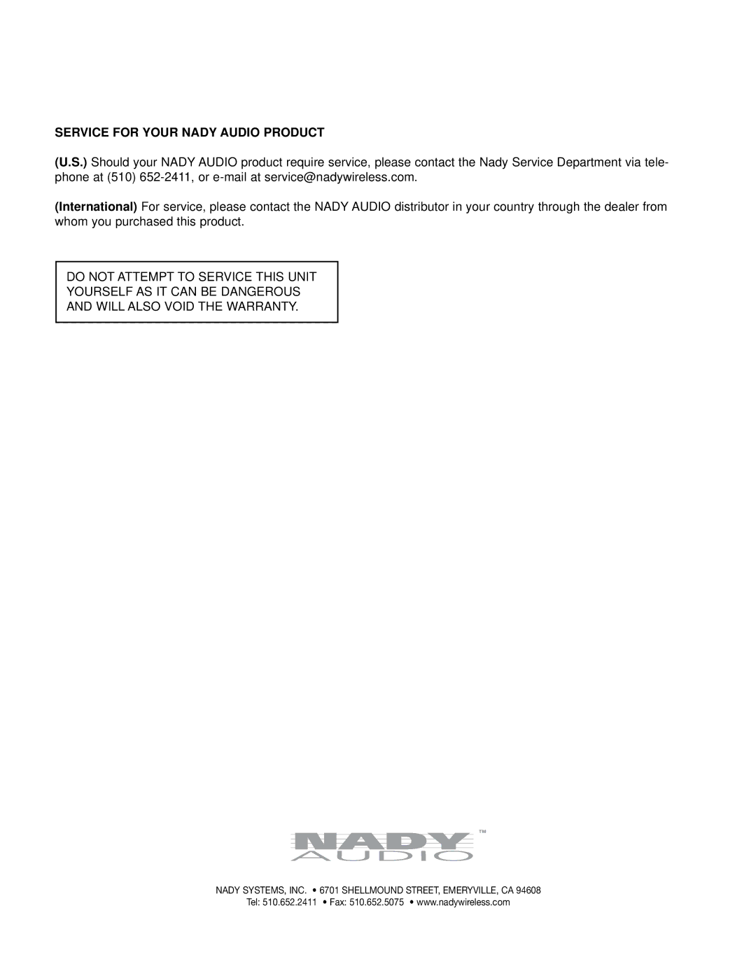 Nady Systems CX-222SW owner manual Service for Your Nady Audio Product 