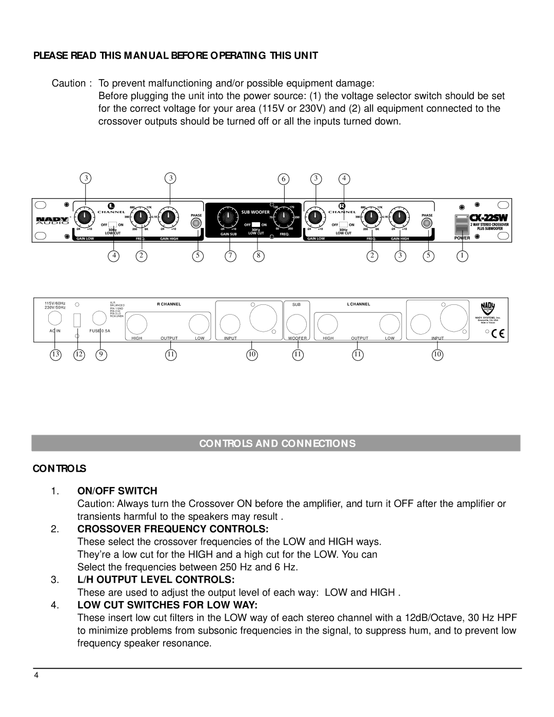 Nady Systems CX-22SW owner manual Please Read this Manual Before Operating this Unit, Controls and Connections 