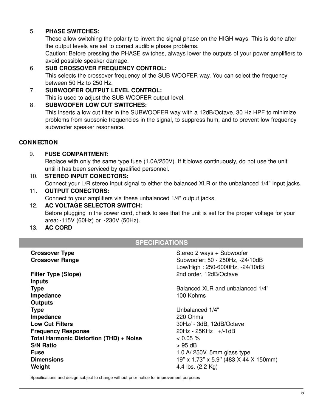 Nady Systems CX-22SW owner manual Connection, Specifications 