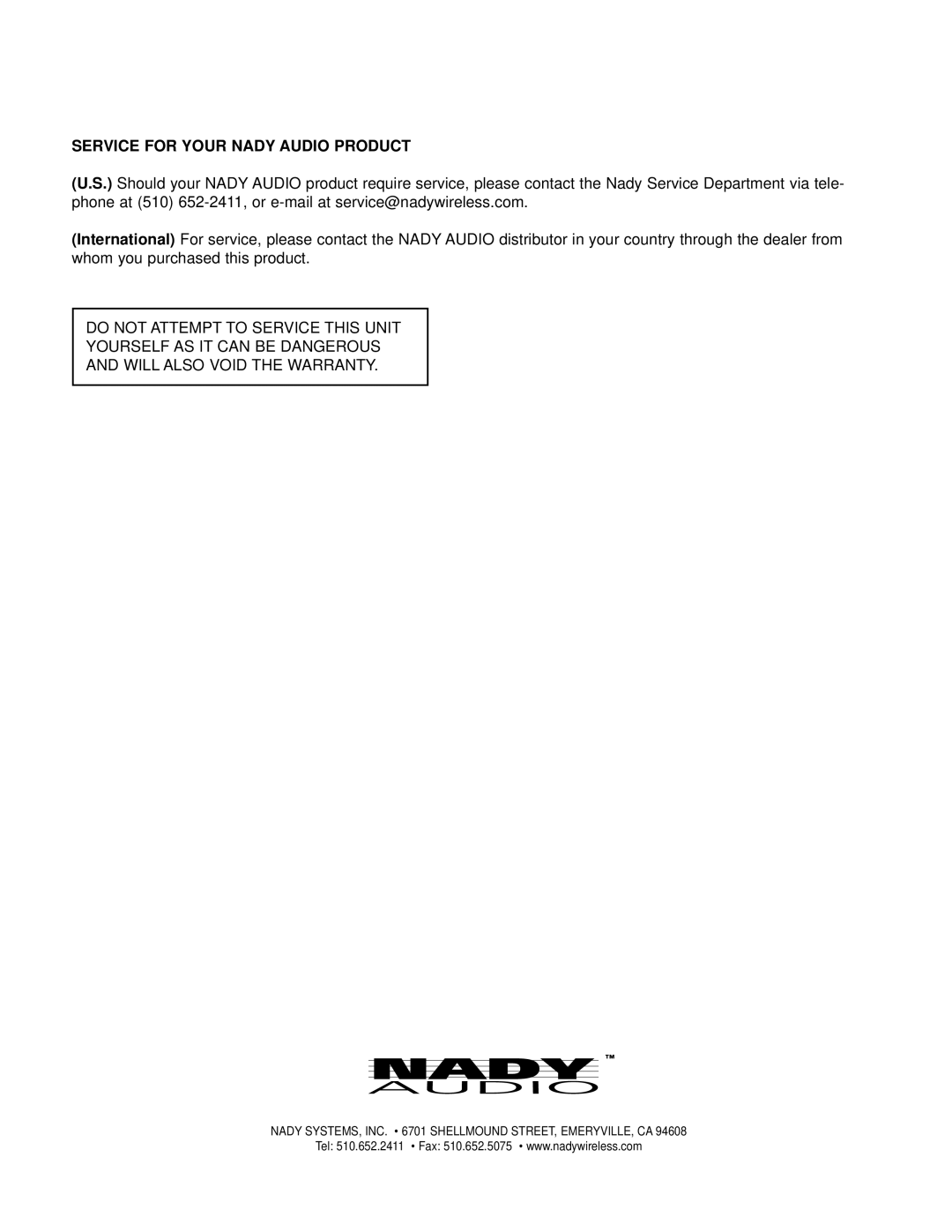 Nady Systems CX-2314 owner manual Service for Your Nady Audio Product 